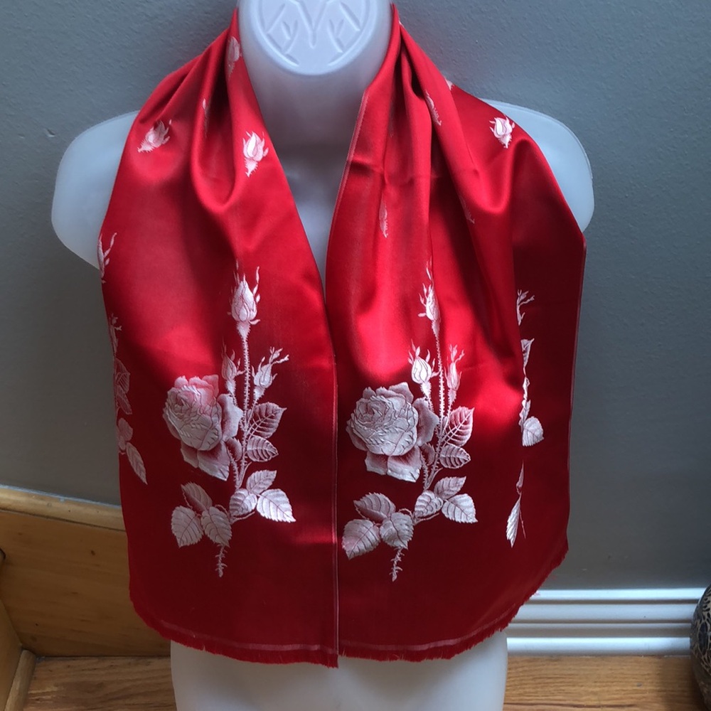 Vintage Red Rose Jacquard Oblong Scarf Crimson Silk-Feel